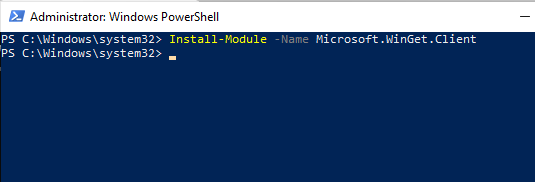 imagem demonstrando o retorno do comando Install-Module -Name Microsoft.WinGet.Client o retorno é nulo nada acontece 