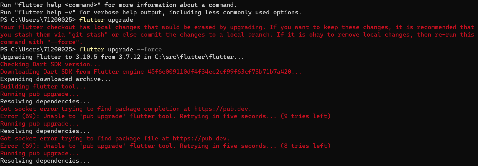 Got socket error trying to find package file at https://pub.dev.
Error (69): Unable to 'pub upgrade' flutter tool. Retrying in five seconds... (8 tries left)
Running pub upgrade...