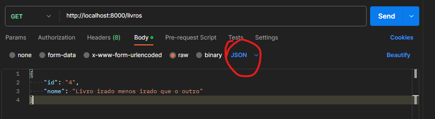 Print da tela do POSTMAN com a opção JSON circulada em vermelho