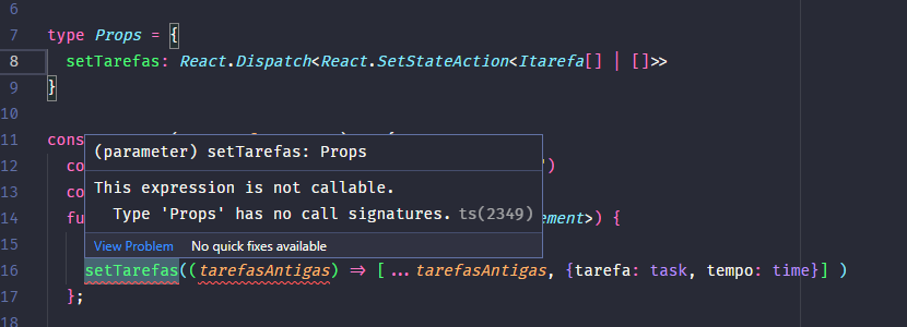 A imagem de um código em react com um erro na tipagem do setState 