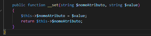 Descrição do método __set, assinalando o $this->$nomeAtributo a um $value e depois retornando o $this->$nomeAtributo