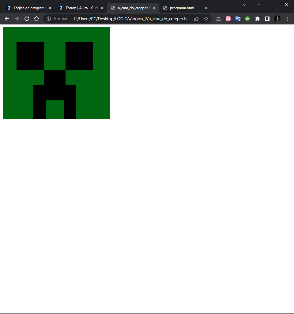 Creeper do Minecraft - Dimensões e Coordenadas, JavaScript e HTML:  pratique lógica com desenhos, animações e um jogo
