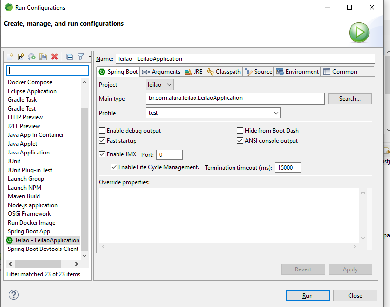 Configuração do profile da aplicação