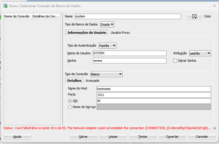 imagem do erro no SQL Develper