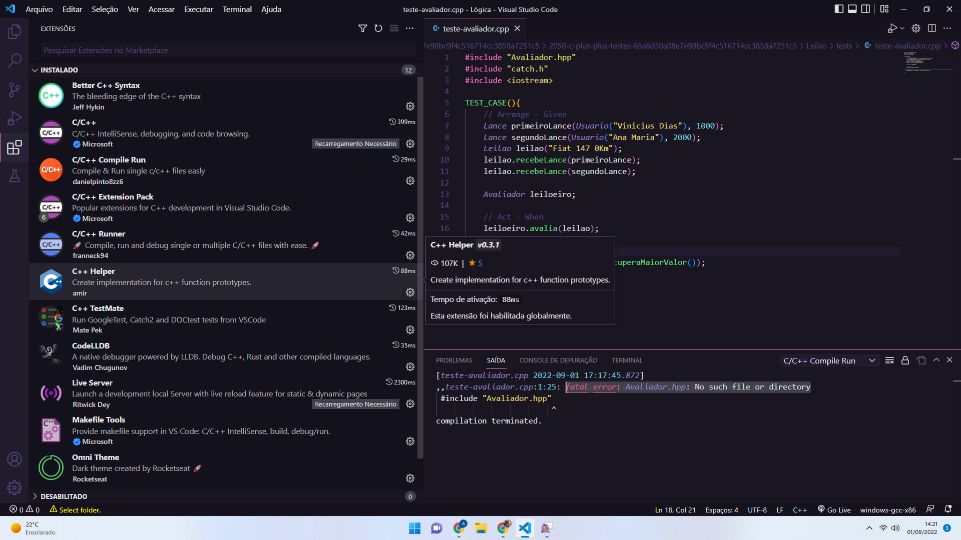 Print do erro que está aparecendo no meu VS code na hora de compilar