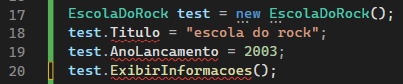 Instanciação da classe test do tipo EscolaDoRock e atribuição dos atributos