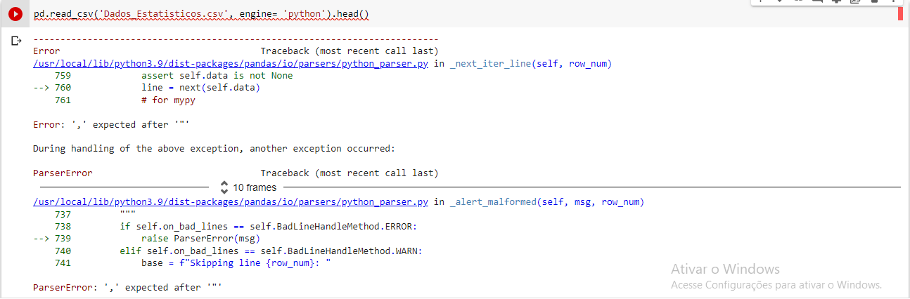 Error: ',' expected after '"'
During handling of the above exception, another exception occurred:
ParserError: ',' expected after '"'