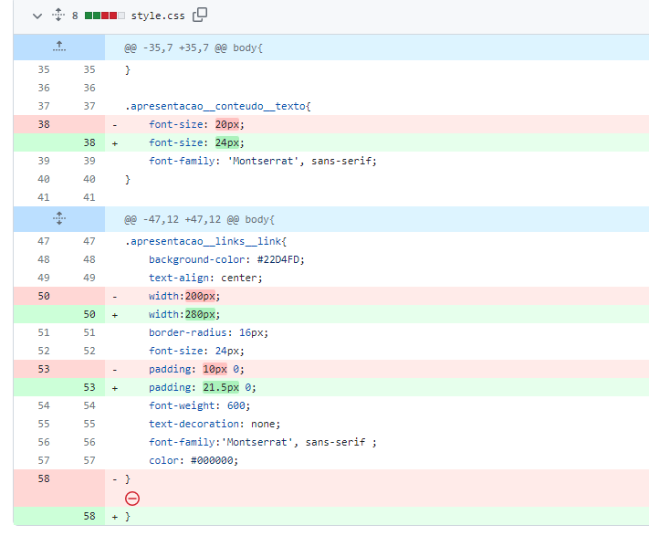 Printscreen de trecho do arquivo css enviado pelo Manoel com proposta de alterações em font-size,width e padding