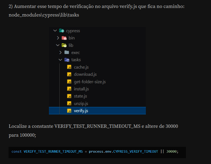 Print da tela do VS Code, em fundo preto, com indicação do caminho onde se encontra o arquivo para fazer o ajuste do timeout. Esse caminho está dentro da pasta node_modules\cypress\tasks e o nome do arquivo é verify.js 