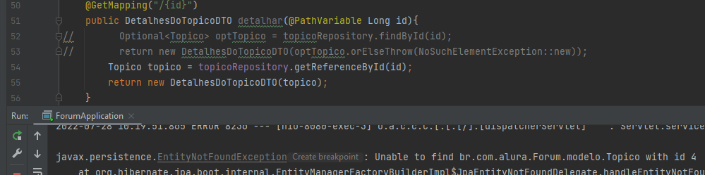 Print do código com a implementação da busca utilizando getReferenceById e mostrando o erro EntityNotFound ao passar um id sem registro