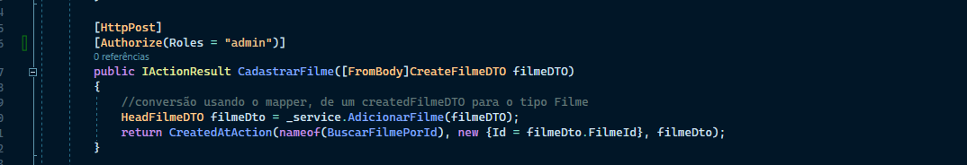 Metodo de Criar filme com a Annotacion de Autorizacao da role admin