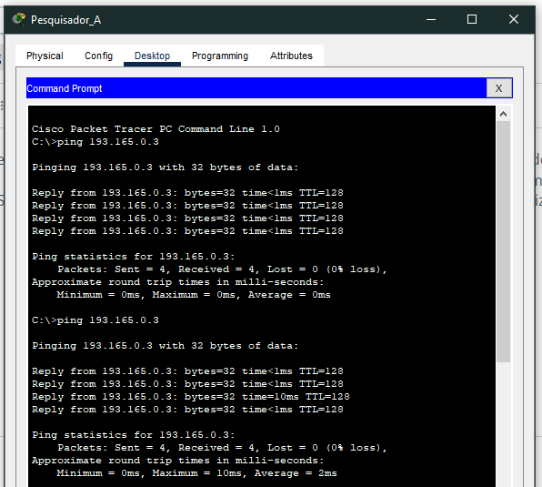 Ping bem sucedido do PC do Pesquisador A para o PC do Pesquisador B, usando os dois switches A e B com as Vlan desabilitada