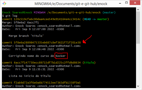 A imagem mostra uma linha de comando do Git Bash apresentado o log de commits