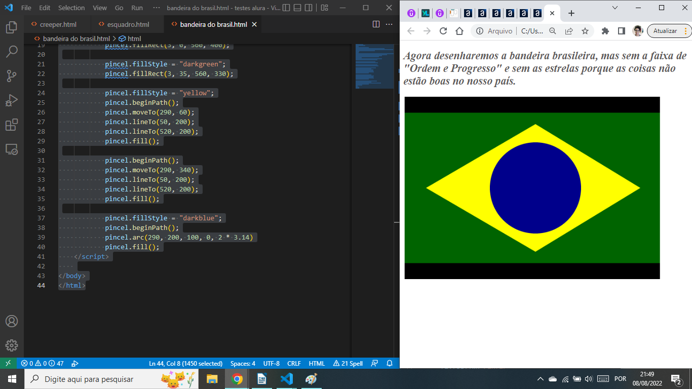Iprint da tela dividida, ao lado esquerdo, está o código e ao lado direito o resultado em forma de imagem da bandeira brasileira 