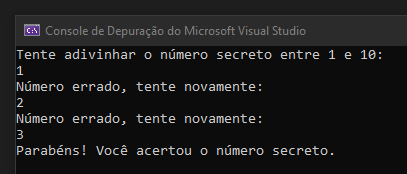 Print do código funcionando após 3 tentativas