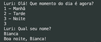 Print do código funcionando no terminal
