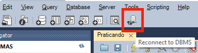 Captura de Tela do MySQL Workbench destacando o botão "Reconnect to DBMS"