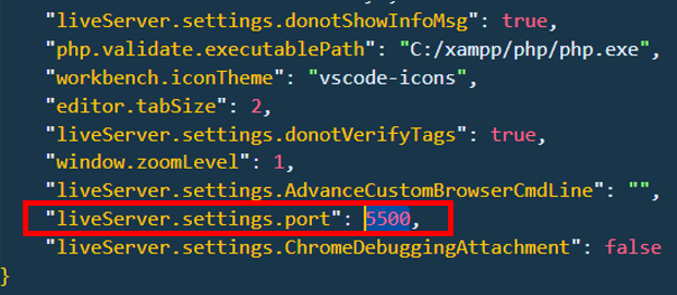 Captura de tela do arquivo de configuração do Live Server