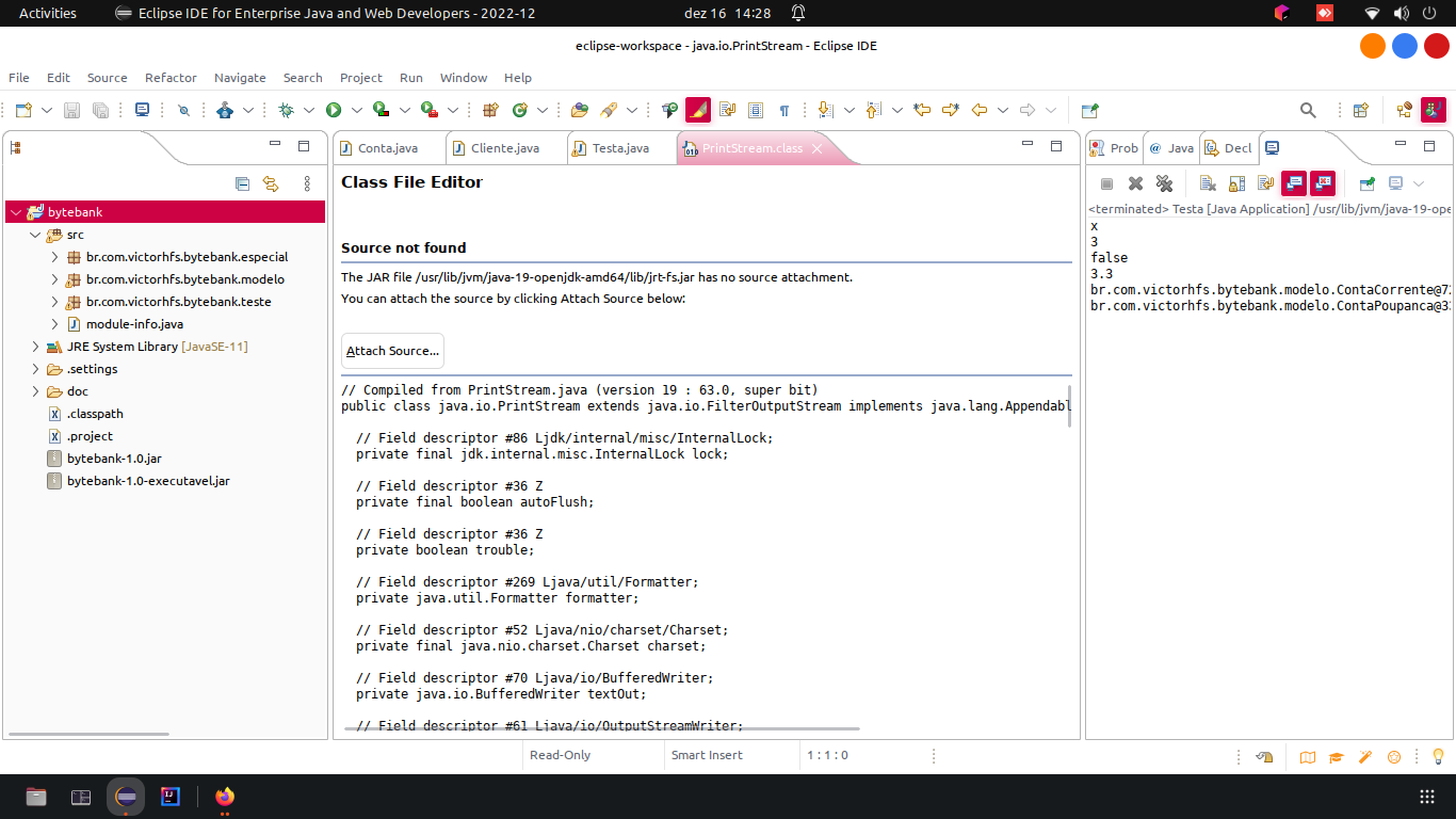 Captura de tela sobre o erro da IDE Eclipse ao abrir uma classe do tipo Object para ler as instruções, com a mensagem: Source nout found: The JAR file src... has no source attachment