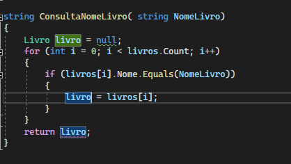 Porém no método ConsultarNomeLivro da erro no return