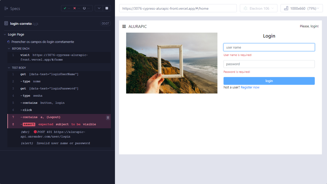 screenshot gerado pelo Cypress de um teste de login que falhou