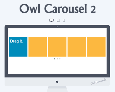 Captura de tela com um slide carousel do plugin Owl Carousel 2, com 5 retangulos, sendo o primeiro azul e escrito Drag it e os outros laranjas sem nada escrito