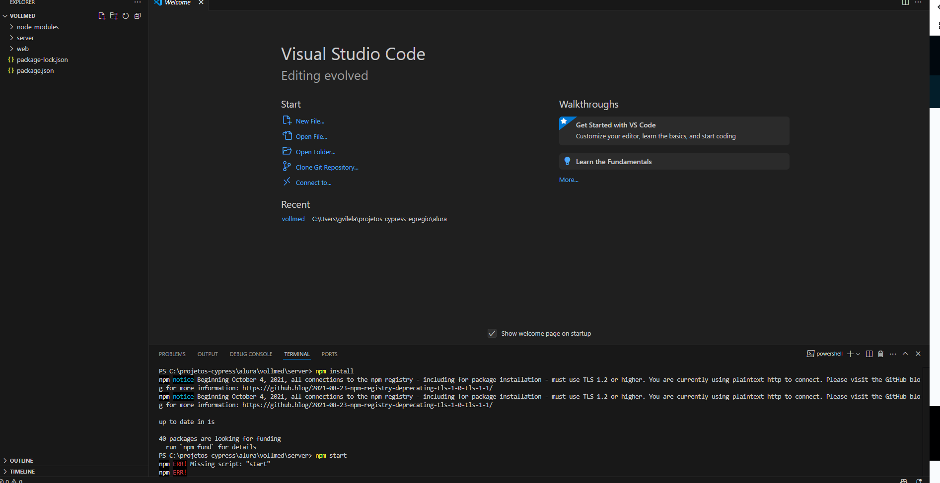 Tela  do vscode