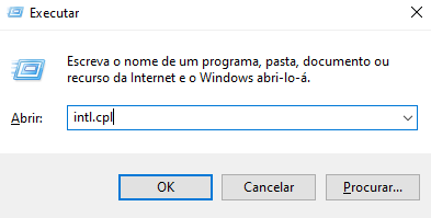 Execução do atalho que abre as configurações regionais no Painel de Controle