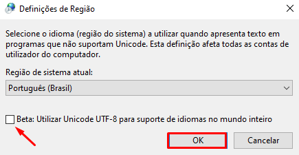 Marcando a checkbox para utilizar Unicode UTF-8