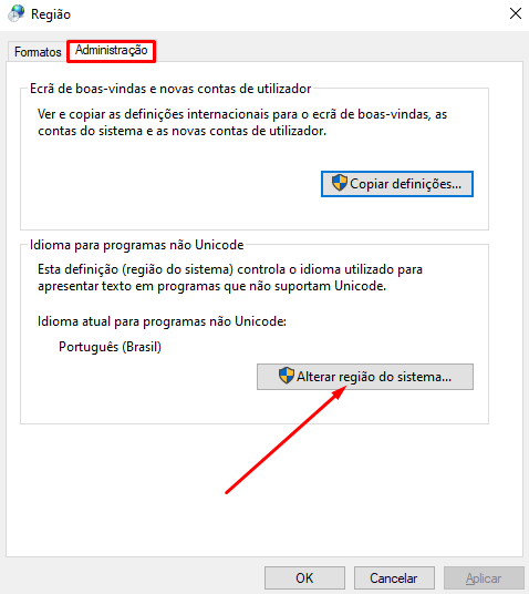  Selecionando o menu Administração e clicando em Alterar região do sistema