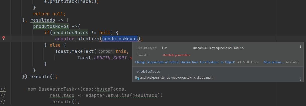 Trecho com erro no código do ListaProdutoActivity.java, linha 64