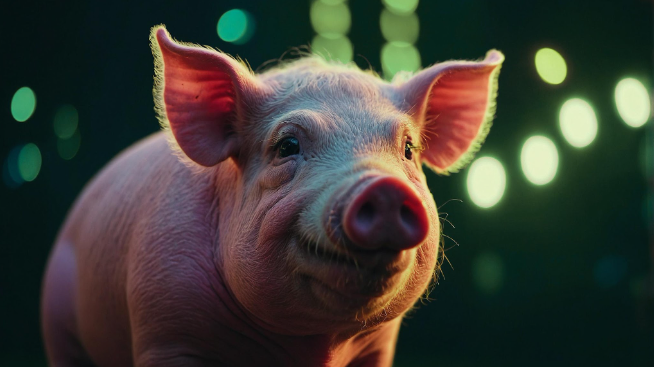 Um porquinho rosa está em foco no primeiro plano, com suas orelhas eretas e olhos brilhantes. Ao fundo, luzes bokeh verde-azuladas.