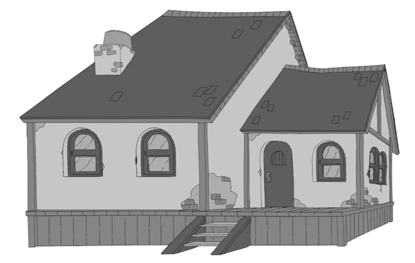 Ilustração da mesma casa da imagem anterior, porém vista lateralmente.