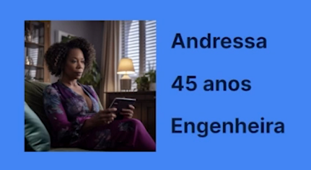 Fotografia de uma mulher preta sentada em um sofá lendo um livro. À direita da foto, o nome "Andressa", a idade "45 anos", e a formação "Engenheira".