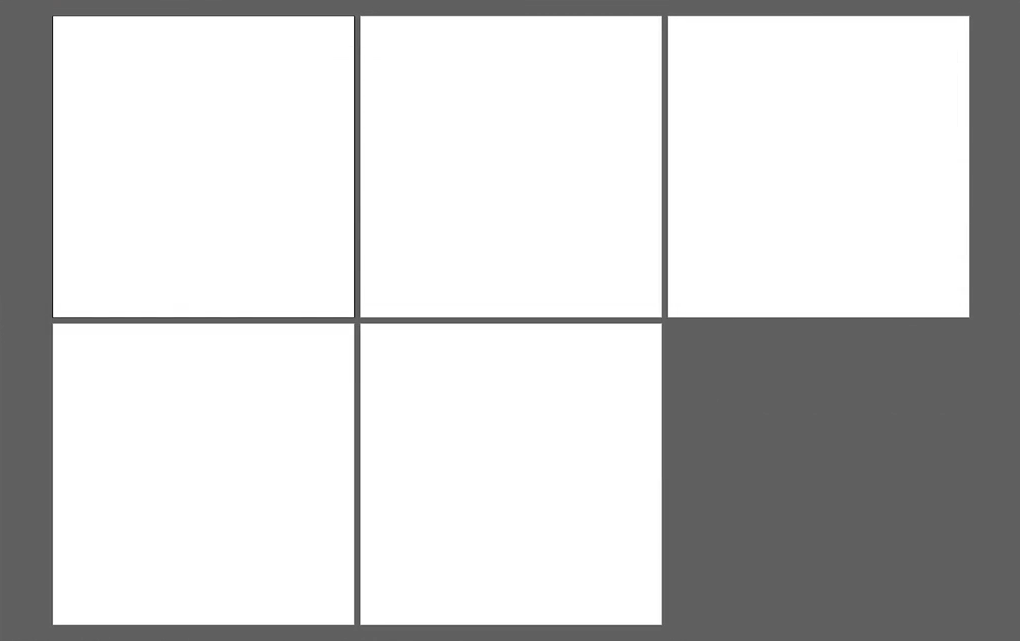 Cinco pranchetas quadradas brancas dispostas lado a lado sobre a área de trabalho cinza-escura do Illustrator. Elas estão organizadas em 2 linhas, com 3 pranchetas na primeira e 2 na segunda.