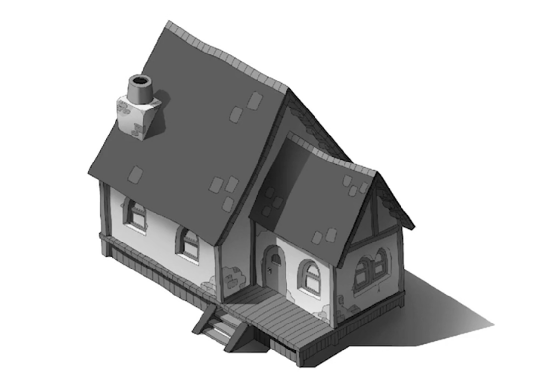 Ilustração detalhada de uma casa em preto e branco, vista de cima e de lado.