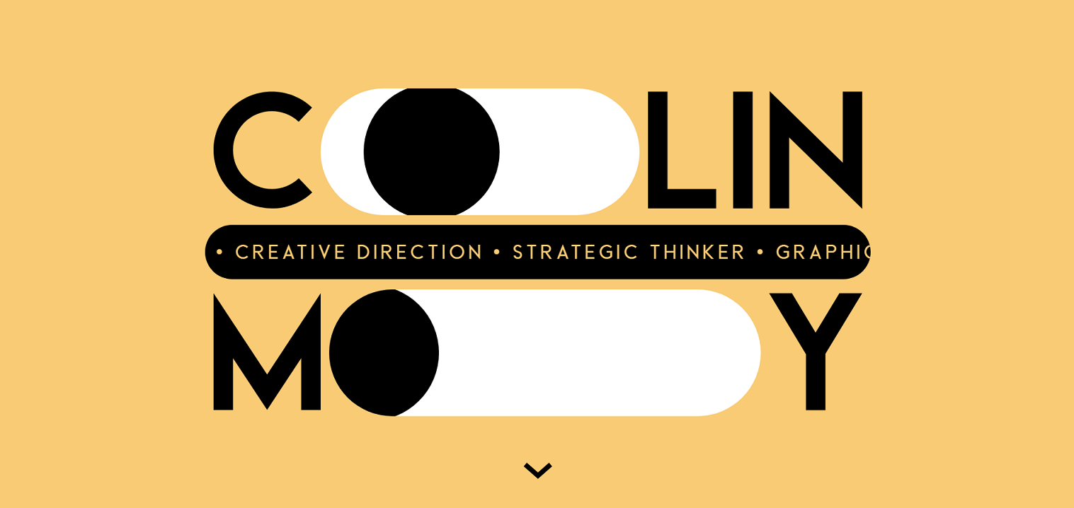 Página inicial do portfólio do Colin Moy, formada por um fundo amarelo contendo o nome "Colin Moy" estilizado em preto e centralizado; a letra "O" de cada palavra é representada pela ilustração de um olho.