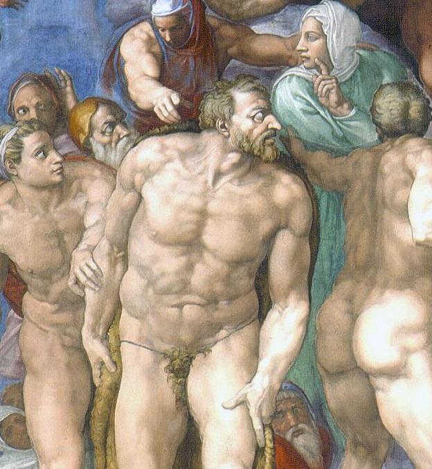 Recorte de uma porção da pintura de Michelangelo descrita anteriormente, focando em um homem branco musculoso de cabelo e barba claros. Ele está de perfil, com o rosto virado para a sua esquerda.