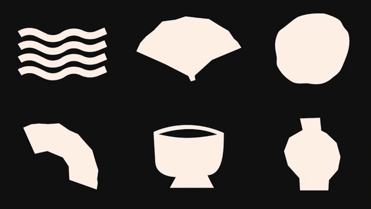 Retângulo de fundo cinza-escuro, contendo 6 ilustrações distintas em cor creme, dispostos em 2 linhas e 3 colunas. Cada ilustração representa um item da cultura japonesa.