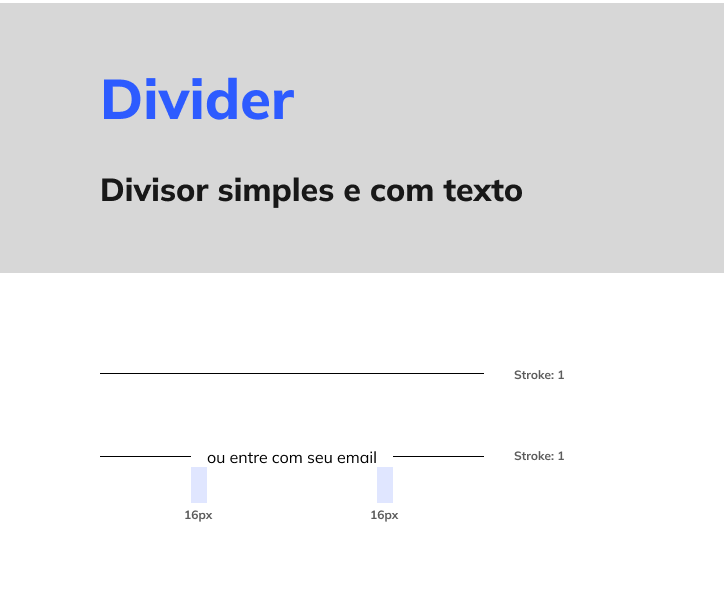 Componente "Divider" com o subtítulo "Divisor simples e com texto", formado pela representação de duas linhas horizontais dispostas verticalmente, ambas com a inscrição "Stroke: 1" à direita. A linha de baixo contém o texto "ou entre com seu email" no centro da linha, dividindo-a em duas, com o espaçamento de 16px entre o texto e as linhas nas laterais.