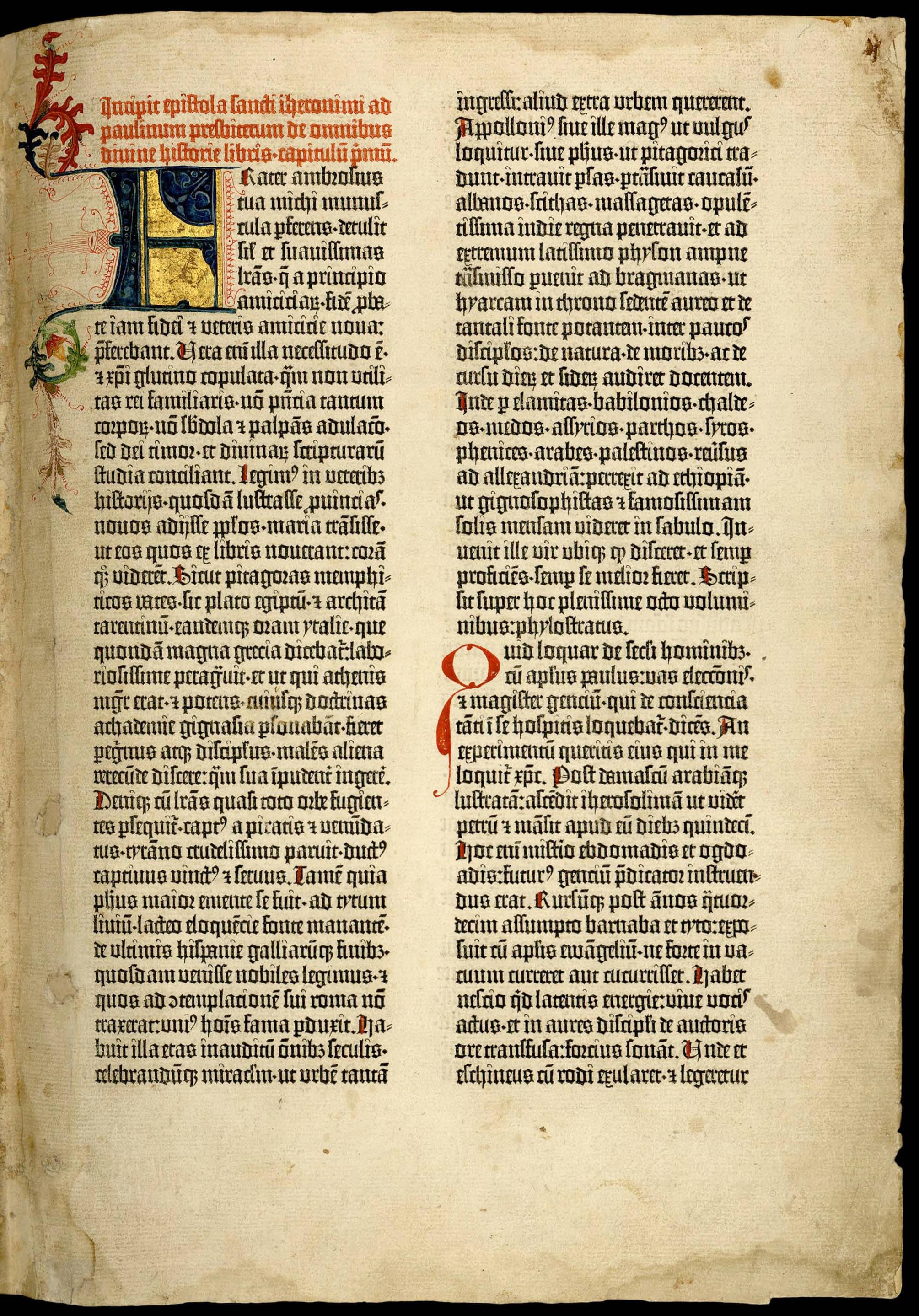 Página da Bíblia de Gutenberg com duas colunas de texto.