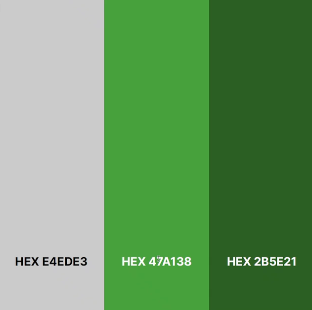 Três retângulos verticais dispostos lado a lado preenchidos, respectivamente, em cinza-claro, verde-claro e verde-escuro. Na base de cada retângulo há uma inscrição com o código da respectiva cor, as quais estão listadas acima na transcrição.