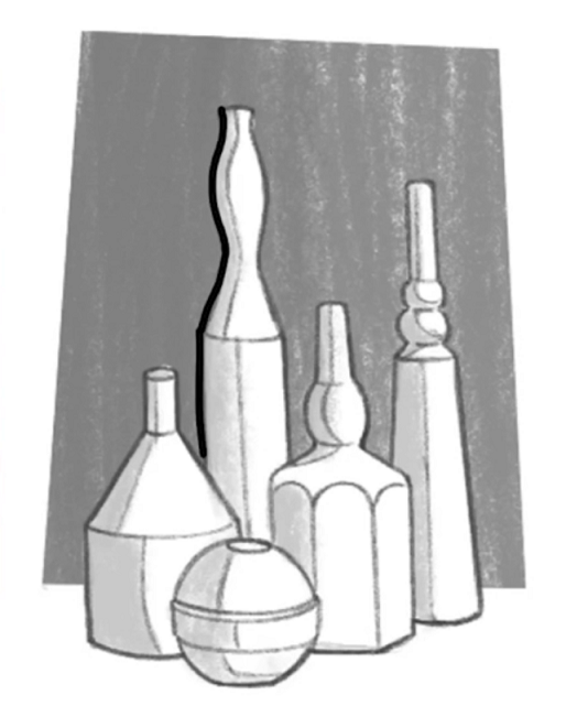 Ilustração em tons de cinza e branco descrita na primeira imagem. Há um traçado preto de espessura média contornando a lateral esquerda do vaso mais comprido entre os cinco.