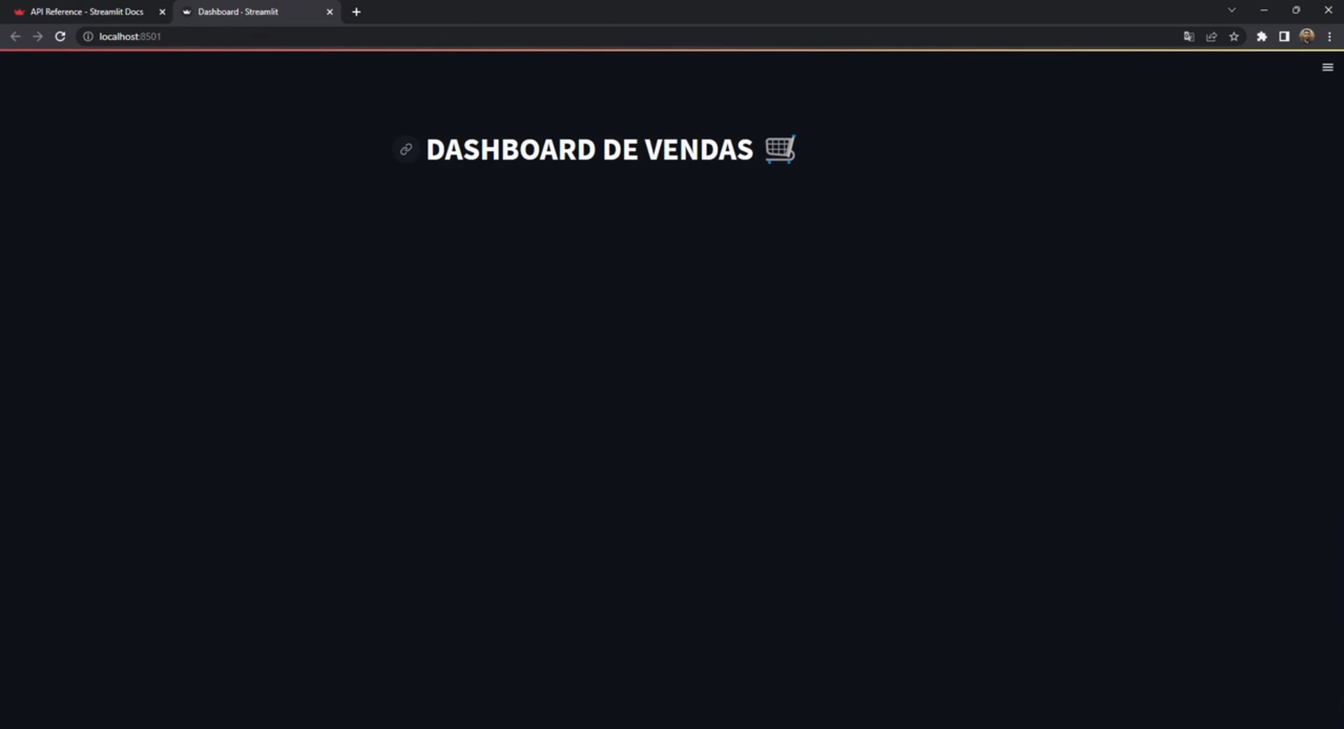 Página de dashboard do Streamlit aberta no navegador, com o título "DASHBOARD DE VENDAS" escrito em branco e o emoji de um carrinho de compras cinza dispostos lado a lado sobre um fundo preto.
