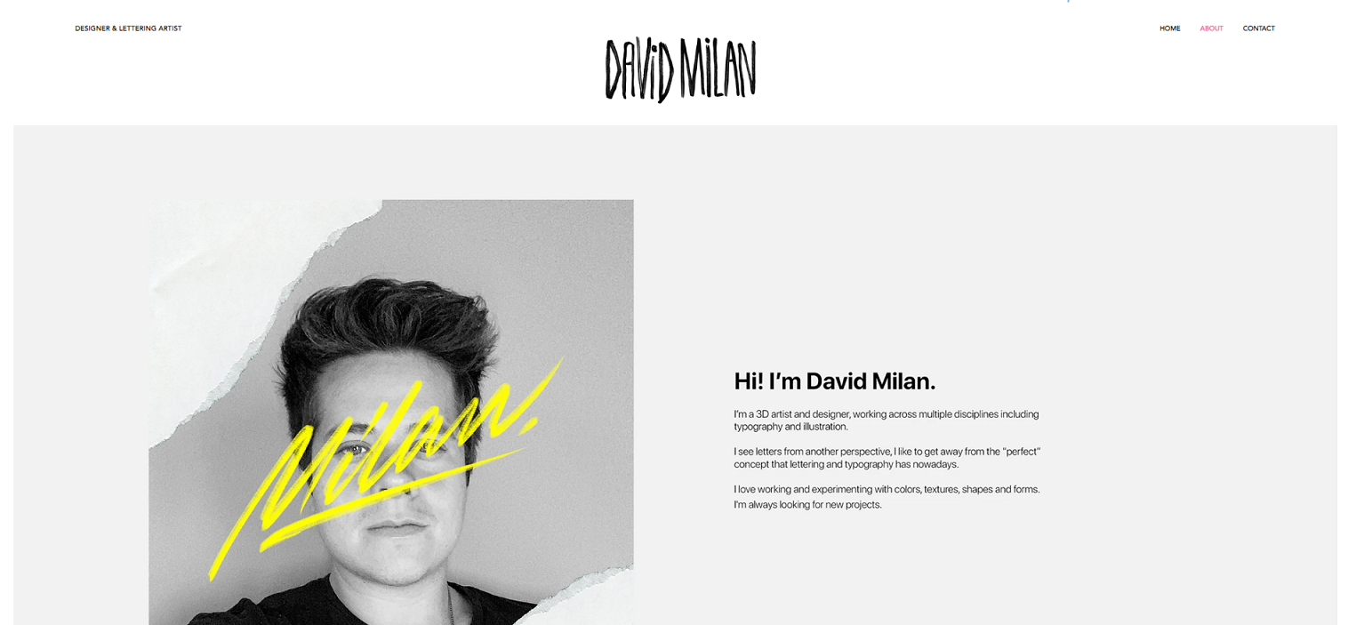 Página "ABOUT" do portfólio do David Milan, formada por um fundo cinza-claro contendo, à esquerda, uma foto em preto e branco do artista; e à direita, uma breve apresentação do profissional.