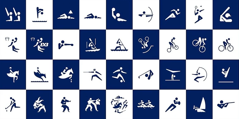 Retângulo de padronagem quadriculada em branco e azul-escuro. Cada quadrado contém uma ilustração referente a um esporte olímpico, sendo que nos brancos elas estão traçadas em azul-escuro, e nos azuis estão traçadas em branco.