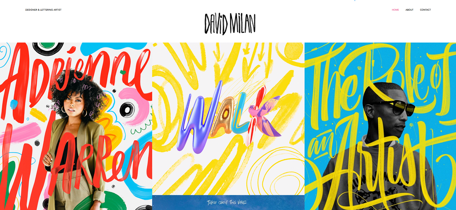 Página inicial do portfólio do David Milan, formada por um cabeçalho branco seguido dos projetos do designer, dispostos lado a lado formando um mosaico.