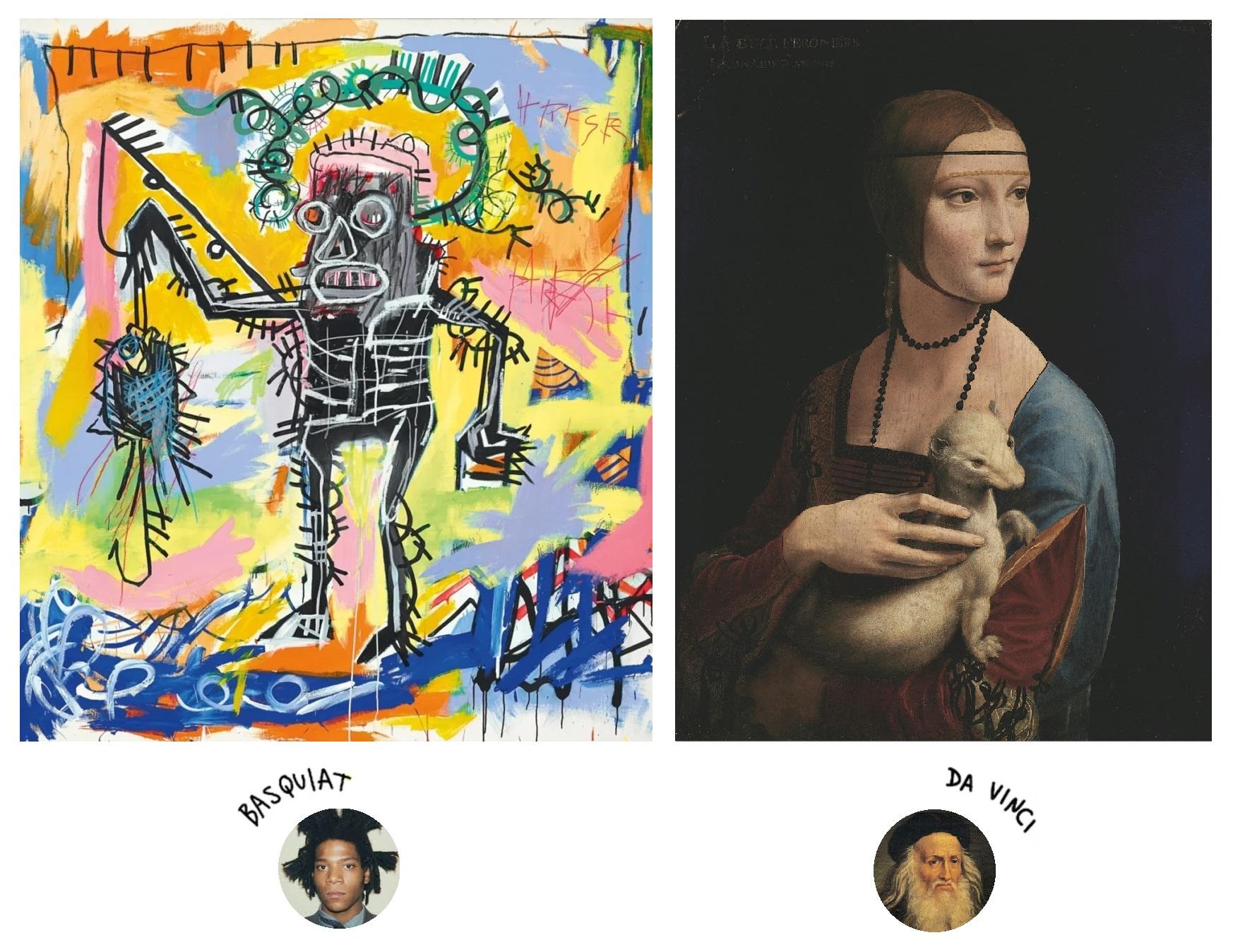Duas pinturas dispostas uma ao lado da outra, ambas representando um corpo humano. A pintura à esquerda, "Pescador" do Basquiat, se trata de uma representação abstrata do corpo de um homem em pé no centro da tela, feita em tons de tinta preta, cinza e branca. O braço direito do homem está erguido segurando um peixe azul e preto preso em um anzol. Ao redor do corpo central, há pinceladas abstratas em tons de azul, amarelo, laranja, verde, rosa e preto. À direita, temos a pintura do Leonardo da Vinci, representando uma mulher branca sobre um fundo preto segurando um animal branco no colo. A mulher está olhando para o lado, veste roupas azuis, duas faixas ao redor da testa, e um colar marrom no pescoço.