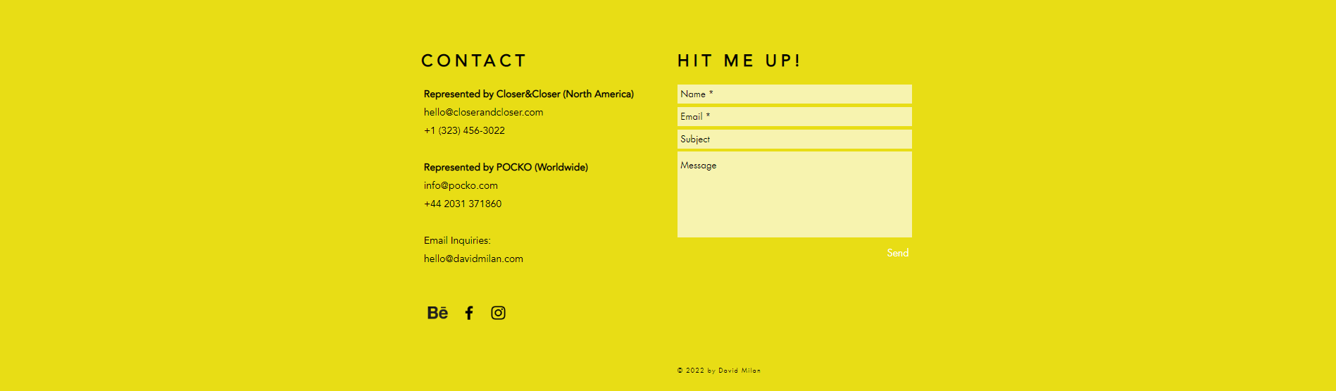 Página "CONTACT" do portfólio do David Milan, formada por um fundo amarelo contendo: dados de e-mail, telefone e redes sociais à esquerda; e um campo para enviar mensagem à direita.