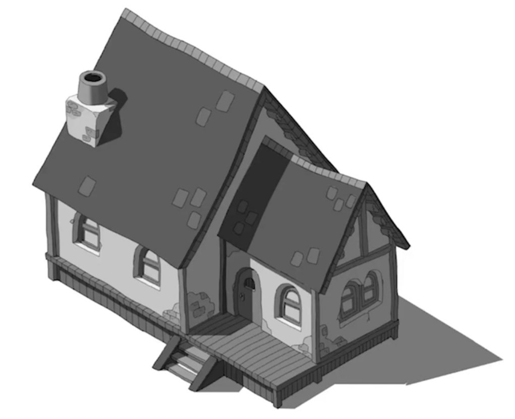 Ilustração de uma casa em tons de cinza vista em perspectiva isométrica sobre um fundo branco.